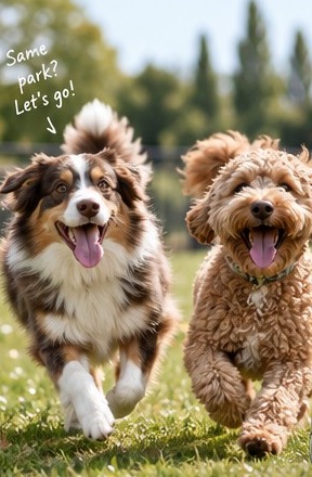 Two dogs running together in a fenced park