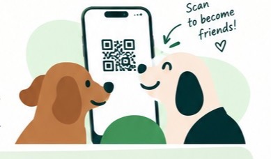 Two illustrated dogs scanning a QR code on a phone